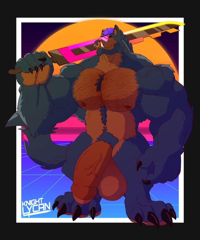 A heavily muscled werewolf with blue outer fur and brown inner fur going from his neck, down his chest, and to his crotch. His arms and pecs are enormous as he hefts up a sword over his shoulders. He's wearing no clothes and a huge, soft hyper dick is hanging over a pair of large, furry balls. The backdrop is a synthwave style sun with an orange to magenta gradient. 