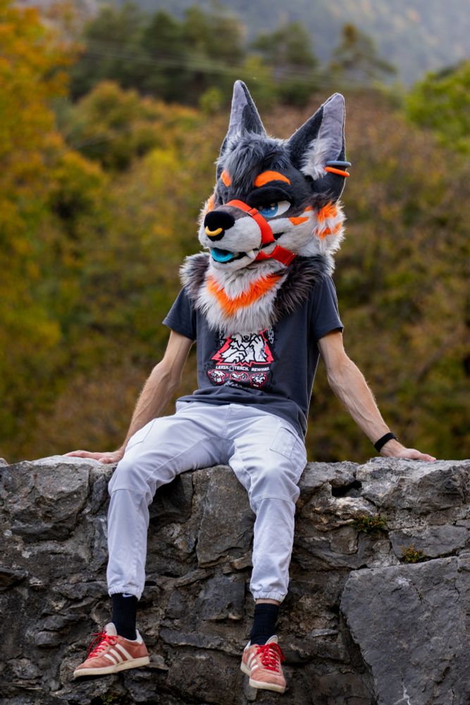 A fursuiter seating on a stone wall. Blurry trees in the background with warm colors.