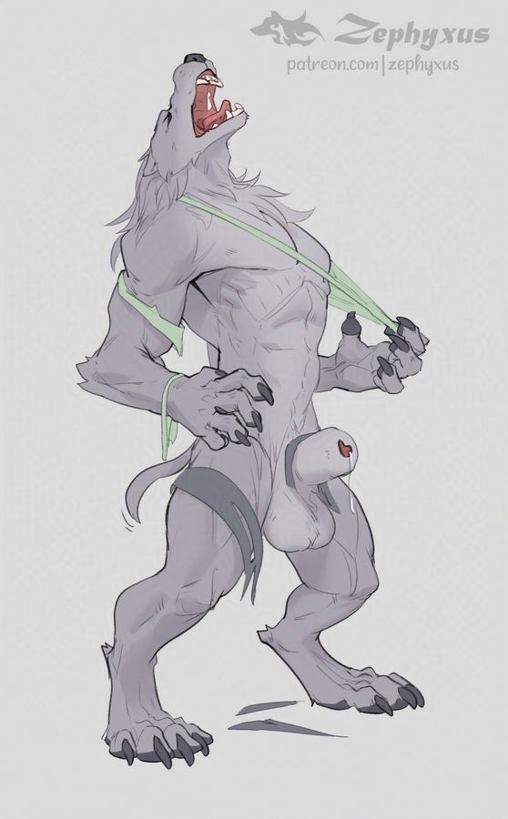 Werewolf transformed, clothes ripped, sheath out, howling