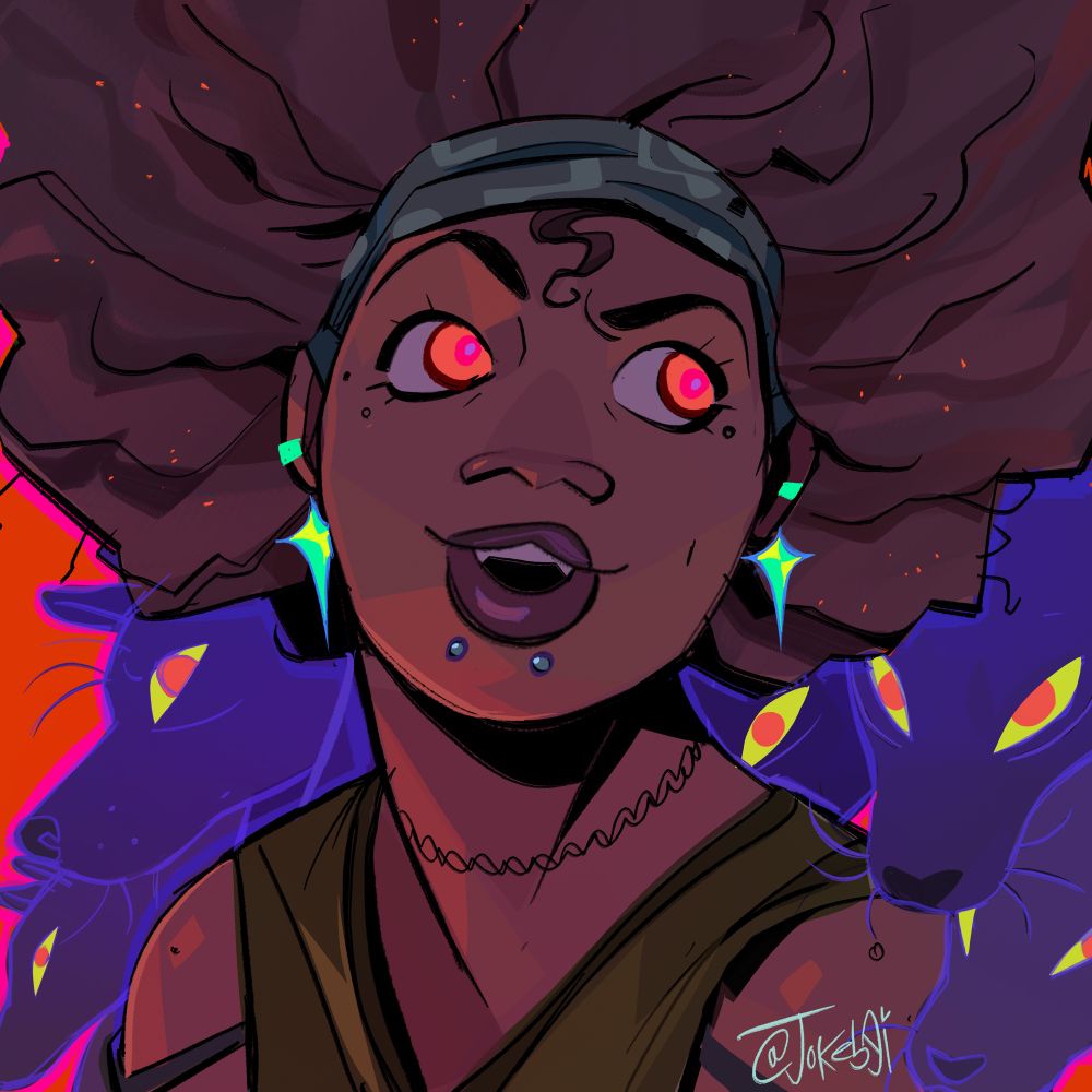 A girl with orange eyes surrounded by wolves 