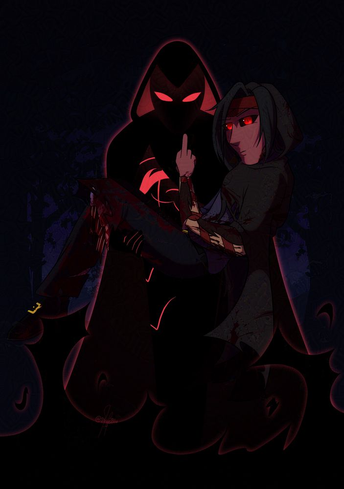 Shadow Figure carrying an injured Wolfram flipping the bird. Wolfram's left leg has been severed, leaving a bloody mess of exposed flesh, muscle, and bone on the remaining stump. 