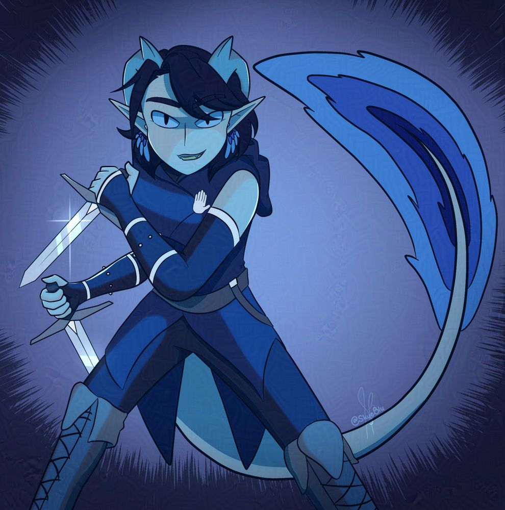 Avalon holding two daggers in a battle stance 