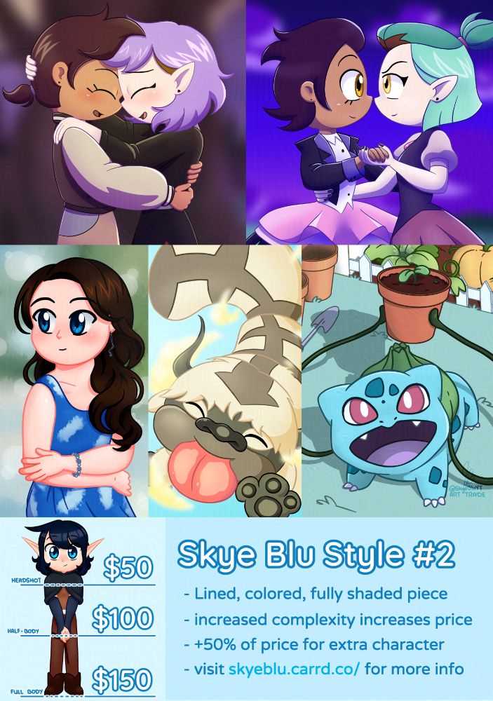 Skye Blu Commission Sheet Style #2
- Lined, colored, fully shaded piece
- Increased complexity increases price
-+50% of price for extra character
- visit skyeblu.carrd.co/ for more info 