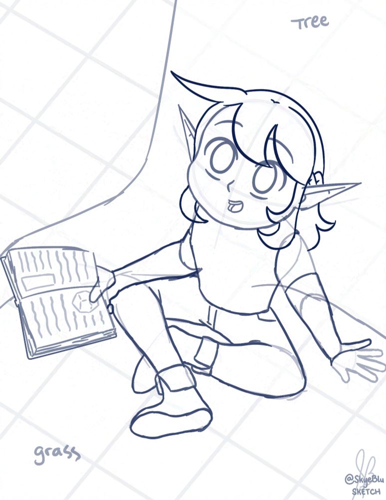 Kestrel, my Elven Chronurgy Wizard, sitting under a tree, holding a book