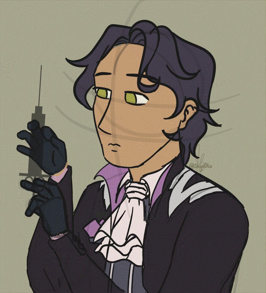 Sketch of Occtis Tachonis holding a syringe, readying it for injection