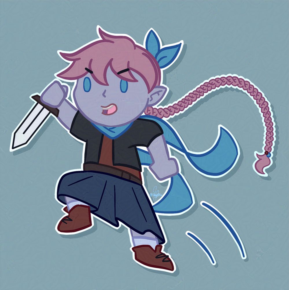 Nephele, a pink-haired air genasi, holding a dagger and jumping for a sneak attack