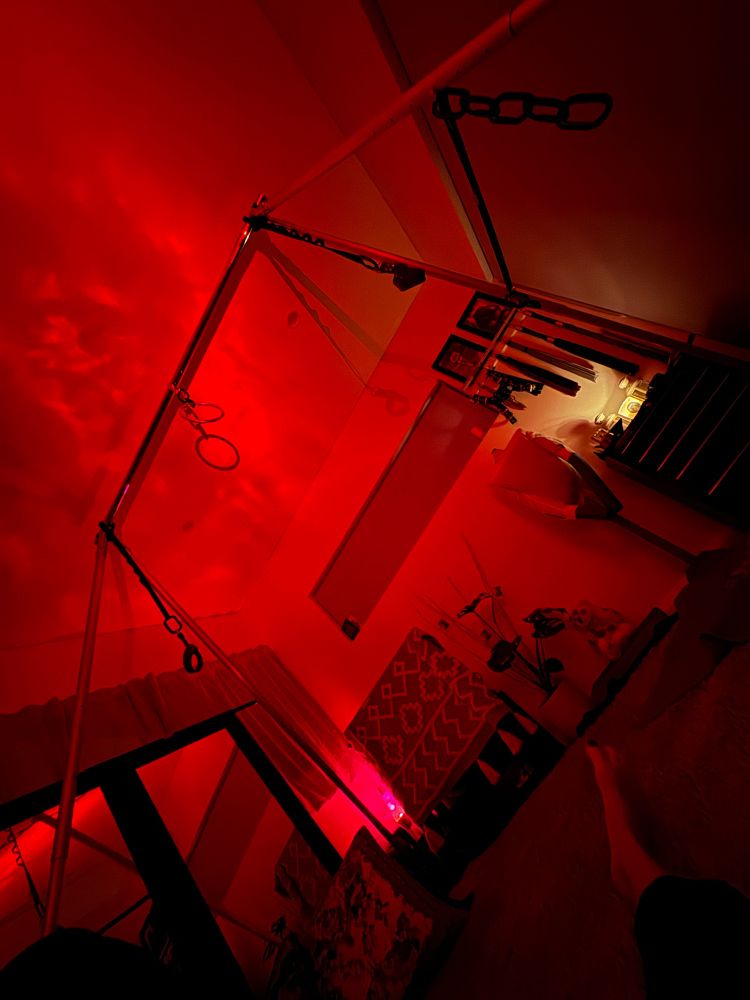 My happy place, Shibari suspension frame, mirrors, mood lights, floggers, candles and soft cushions and flooring 