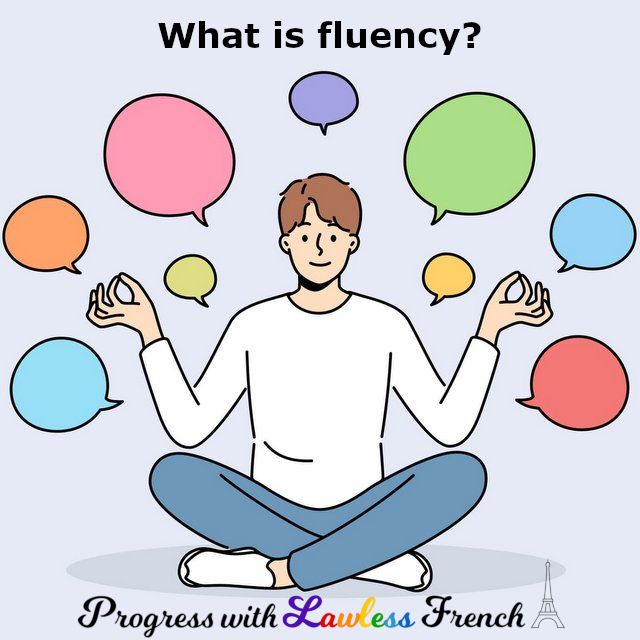 Drawing of a man sitting cross-legged, surrounded by colorful speech bubbles. At the top, it says "What is fluency?" and at the bottom is the logo for Progress with Lawless French.