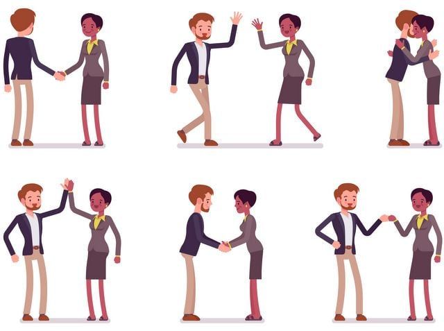 Six instances of a Caucasion man and a Black woman, both dressed in business clothes, greeting each other in different ways. From top left to right: shaking hands, waving, and hugging. From bottom left to right: high fiving, holding both hands, and knuckling.