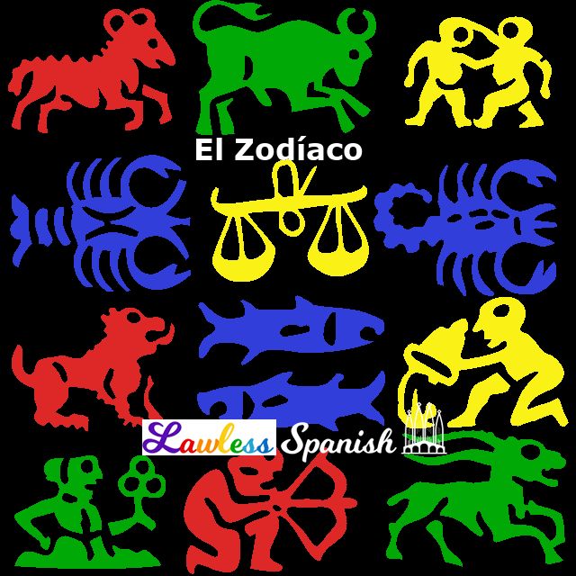 Black background dotted with 12 zodiac shapes (alternately colored red, green, yellow, and blue). White text says El Zodíaco. Lawless Spanish logo near the bottom.