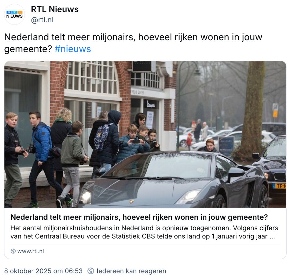 Screenshot van RTL Nieuws artikel: Nederland telt meer miljonairs, hier wonen de meeste rijken