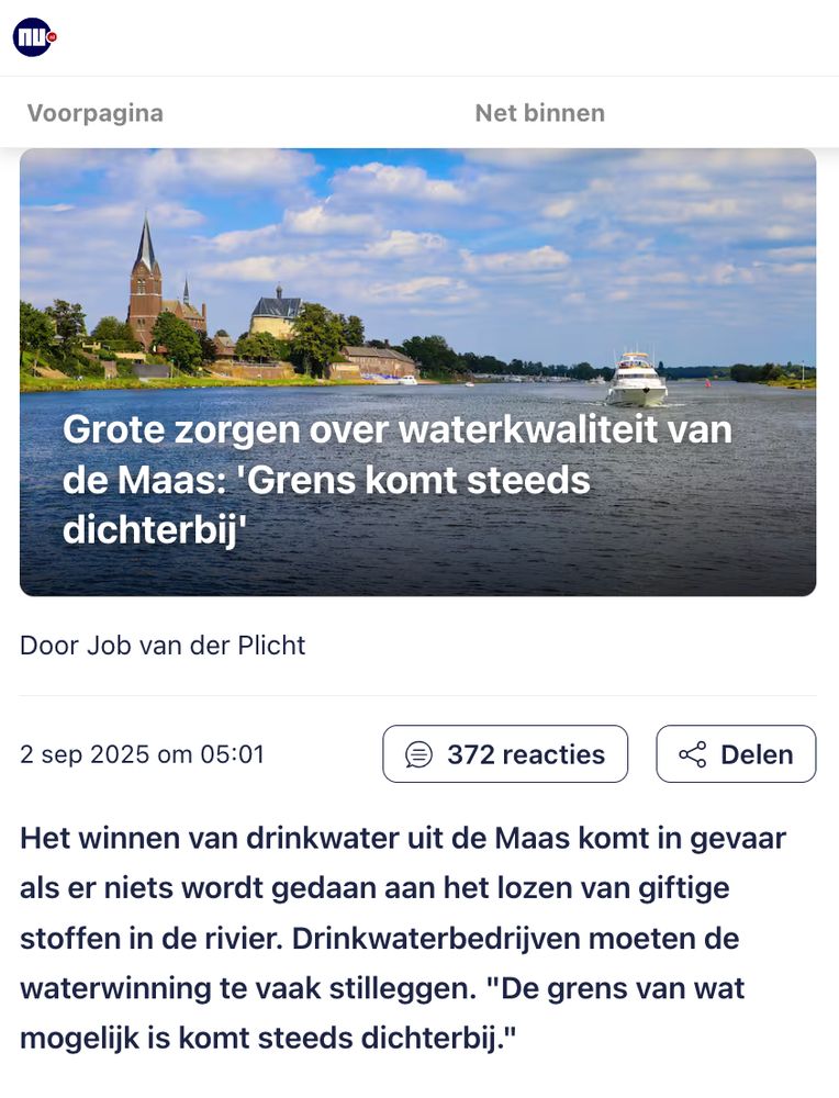 Screenshot van nu.nl: Grote zorgen over waterkwaliteit van de Maas: 'Grens komt steeds dichterbij'