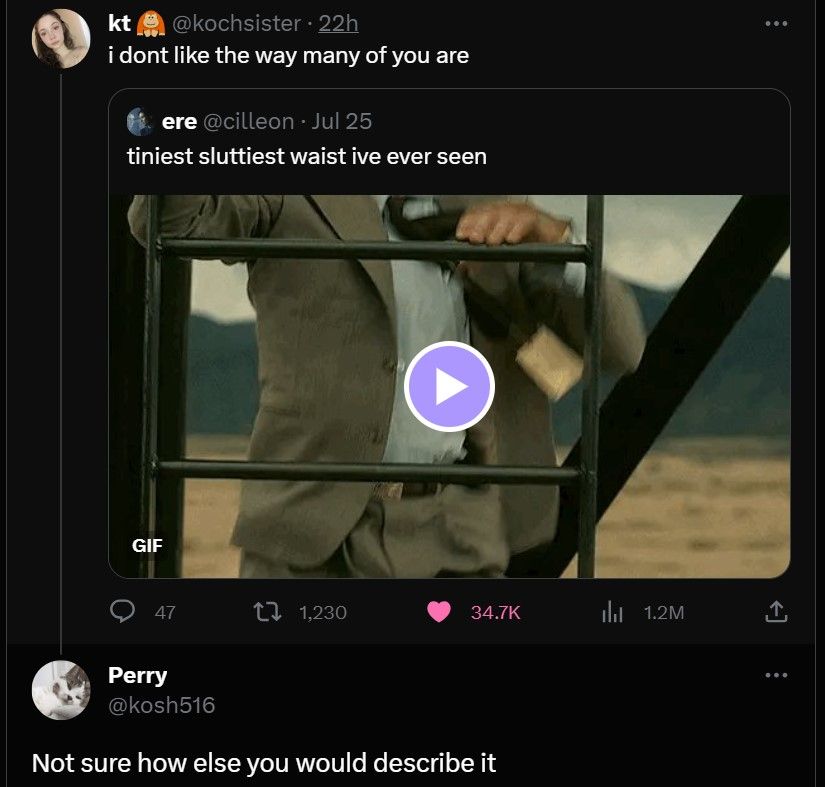 Quote tweet (kt @kochsister): i don't like the way many of you are

Quoted tweet (ere @cilleon): tiniest sluttiest waist ive even seen
(gif of Cillian Murphy in Oppenheimer climbing a ladder. His small waist is accentuated by the cinch of his belt.)

Response to quote tweet (Perry @kosh516): Not sure how else you would describe it
