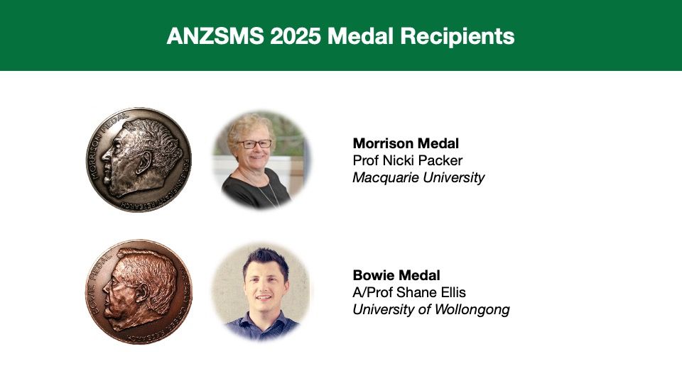 ANSMS 2025 Medal Recipients.
Morrison Medal, Prof Nicki Packer from Macquarie University. 
Bowie Medal, A/Prof Shane Ellis from University of Wollongong. 