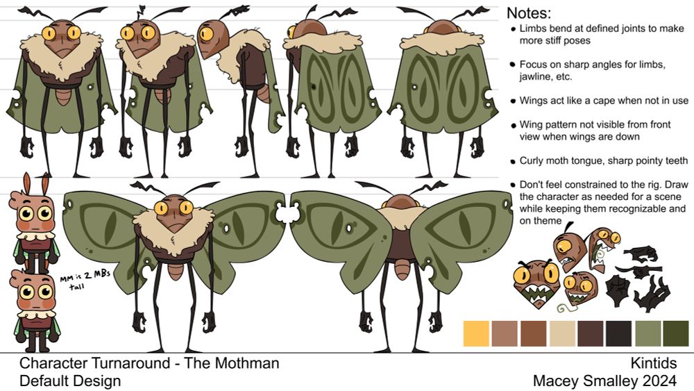 Character design for “The Mothman” who is an old and scruffy cryptid with faded colors, torn wings, and long sharp limbs
