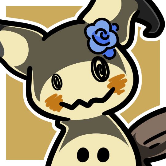 A Mimikyu wearing a blue rose pin on its head.