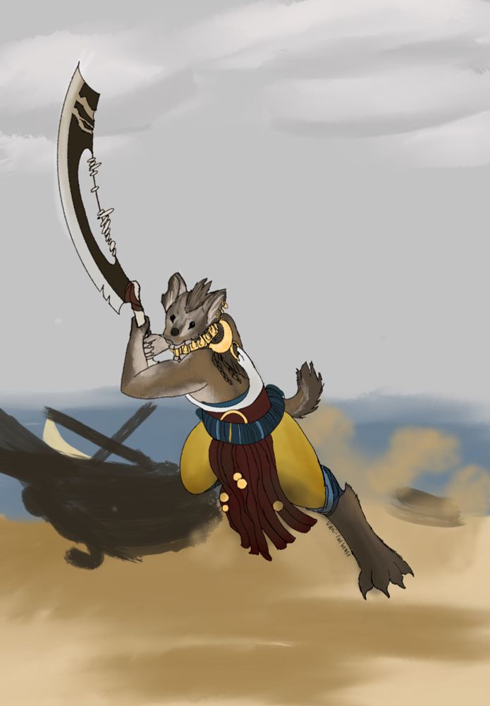 A gnoll woman charging up the beach at the camera, her weapon is pulled up in preparation to swing.
