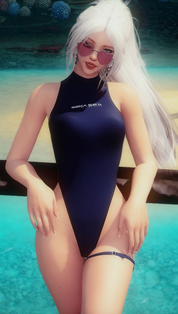 My OC, Althea Sophia Greylake, wearing a one-piece swimsuit with a tie around her left thigh. She's leaning back against a rope, smiling and winking behind heart-shaped glasses.
