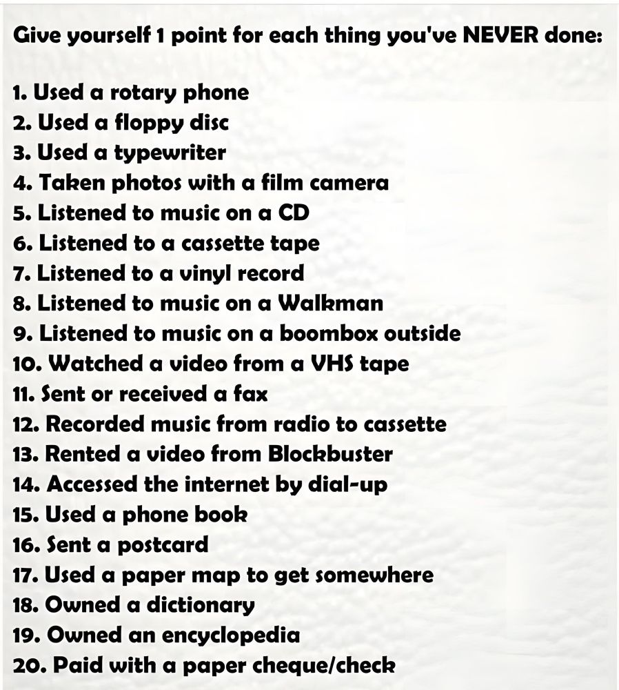 Give yourself 1 point for each thing you've NEVER done:

1. Used a rotary phone
2. Used a floppy disc
3. Used a typewriter
4. Taken photos with a film camera
5. Listened to music on a CD
6. Listened to a cassette tape
7. Listened to a vinyl record
8. Listened to music on a Walkman
9. Listened to music on a boombox outside
10. Watched a video from a VHS tape
11. Sent or received a fax
12. Recorded music from radio to cassette
13. Rented a video from Blockbuster
14. Accessed the internet by dial-up
15. Used a phone book
16. Sent a postcard
17. Used a paper map to get somewhere
18. Owned a dictionary
19. Owned an encyclopedia
20. Paid with a paper cheque/check
