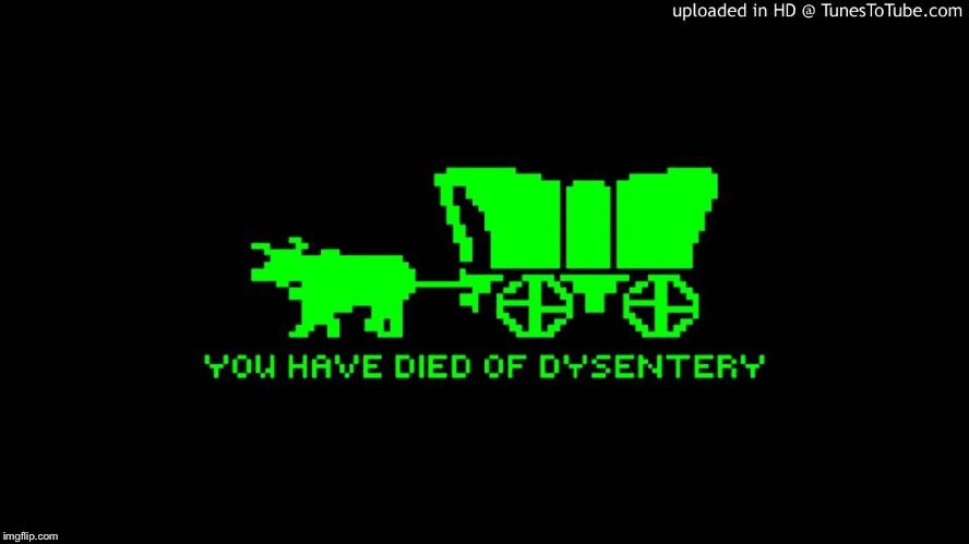 Oregon Trail wagon and ox with caption 'you have died of dysentery.' 