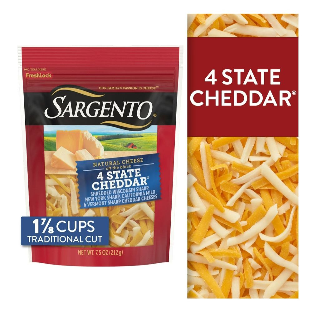 a bag of Sargento shredded cheese of the "4 State Cheddar" variety