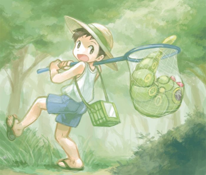 A Pokémon bug catcher. They have caught a  caterpie. From https://pin.it/3q0JFyjnt
