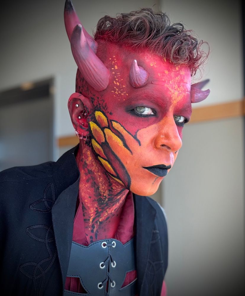 Me, painted in fire colors and with a bunch of horns glued to my head