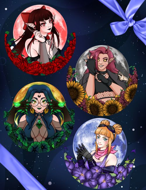 A collage of four illustrated headshots against a simple space background. It is decorated with a periwinkle ribbon on the corners. From top to bottom, it features Fayte (a vampire with long hair and a red ribbon, with roses and a blood moon), Ryder (a werewolf in a punk outfit, with sunflowers, snapdragons, and a full moon), Cel (a green witch with glowing eyes on their hands, with moon blossoms against a harvest moon), and Dyr (a human in a mechanic's jumpsuit, with violets and a blue moon).