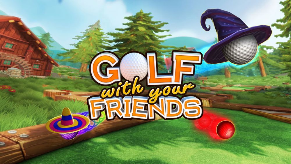 A promotional image for the game "Golf with your Friends" that shows the logo in the center in front of three decorated golf balls flying off in random directions and a forest scene.