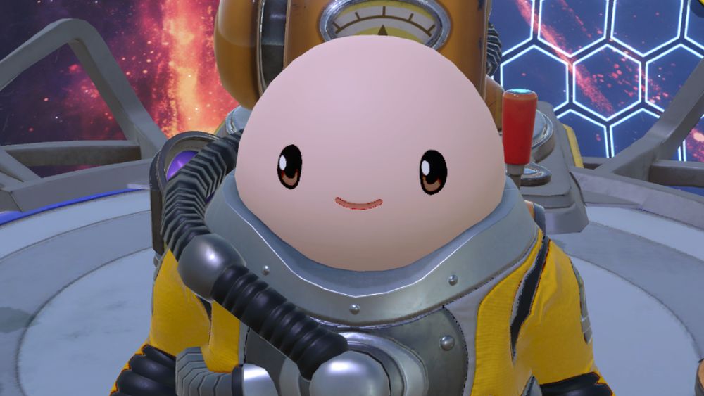 This is a screenshot from the video game Sol Mates. In this screenshot, a bald astronaut is staring deadpanned at the camera with a small smile. The astronaut is standing on a spaceship. In the background is an orange galaxy sky with stars.