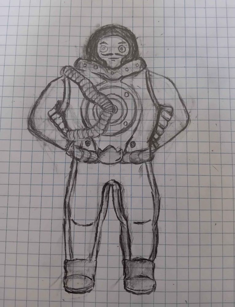 This is a piece of hand drawn fanart of an astronaut from the video game Sol Mates. The drawing shows an astronaut sporting a spacesuit and dapper mustache. This fan art was created by user Brick Wall and shared with us in the Sol Mates community discord.