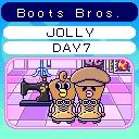 Character card for the Tamagotchi named Boots Bros. It's a pair of brown work boots with faces and the laces of the boots done up like a bow at their necks. One is wearing a brown hat. They're in a pink room with a sewing machine because they like making clothes 