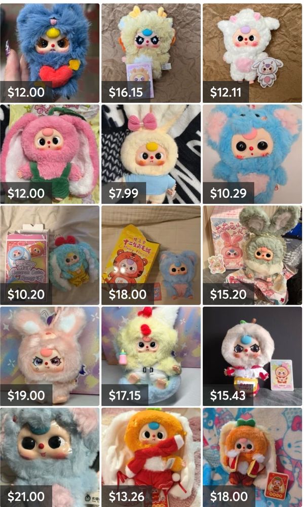 A screenshot from Mercari, featuring rows and rows of goofy little plush dolls with increasingly goofy little faces