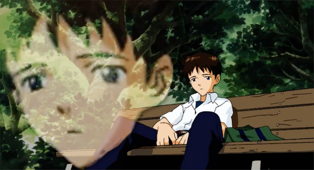 Shinji Ikari depressed on a park bench