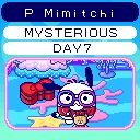Character card for a Tamagotchi bamed Pochacco Mimitchi. It's a small round white dog with floppy black ears, little black eyes, and a smiling mouth. She's wearing glasses, a red shirt, and a teddy bear purse. The room around her is blue and pink and underwater themed