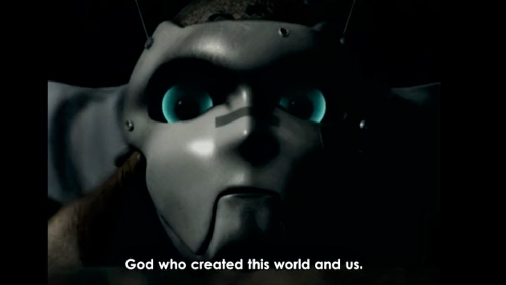 Closeup of an android's face with the caption "God who created this world and us."