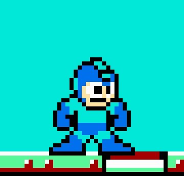 Chunky 80s sprite artwork for Mega Man, a little blue robot guy with a human face and big eyes