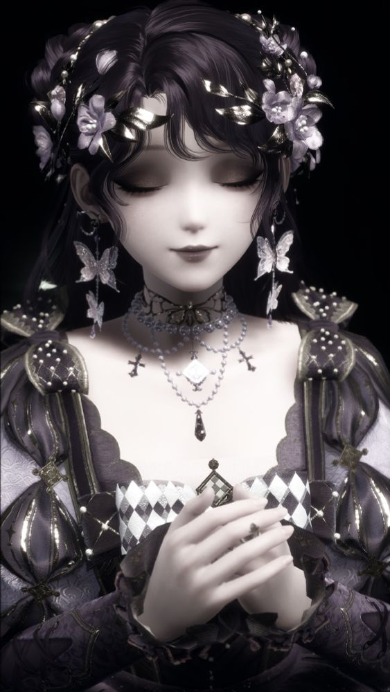 Nikki in the same outfit, hands clasped at her chest with her head turned up and eyes closed in a soft smile.