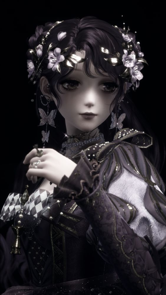 Nikki dressed regally in purple, with flowers adorning her hair. She looks off-screen, eyes cast in shadow.