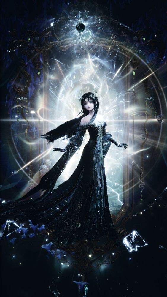 Nikki in the Tide of Tears outfit, floating in front of a grand jade mirror that bursts with bright magic. Around her are blue flowers and pieces of shattered glass. Her expression is serene, with her eyes closed.