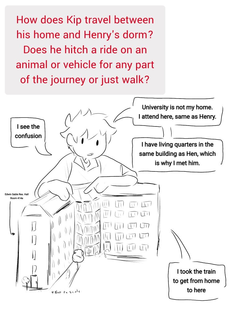 "I see the confusion. University is not my home. I attend here, same as Henry. I have living quarters in the same building as Hen, which is why I met him. I took the train to get from home to here."
