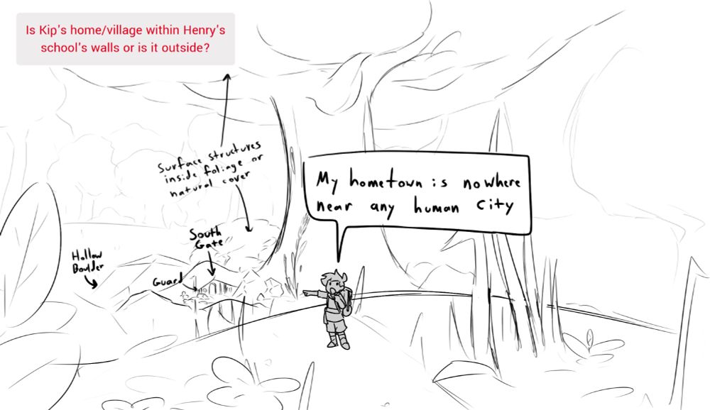Kip stands overlooking one entrance to his hometown, mentioning it is nowhere close to any human city.
