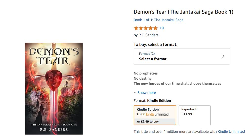 Cover of fantasy novel Demon's Tear with 5 star reviews on amazon.