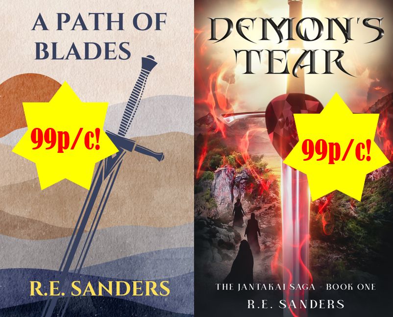 Book covers for A Path of Blades and Demon's Tear, both fantasy novels featuring swords on the cover. Both available for 99p/c or local equivalent.