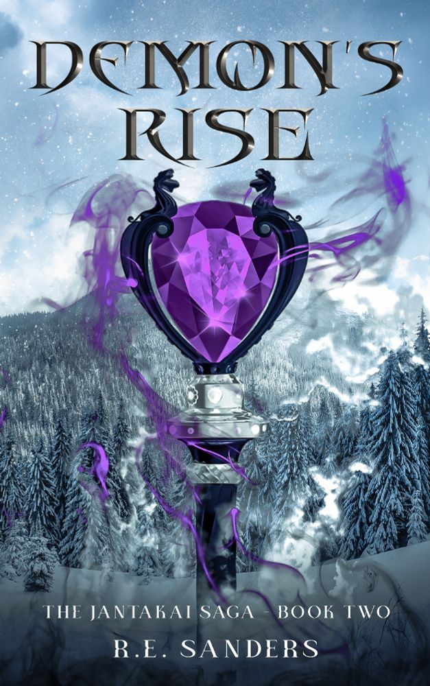 Cover of fantasy novel Demon's Rise with purple jewel on snowy mountain background.