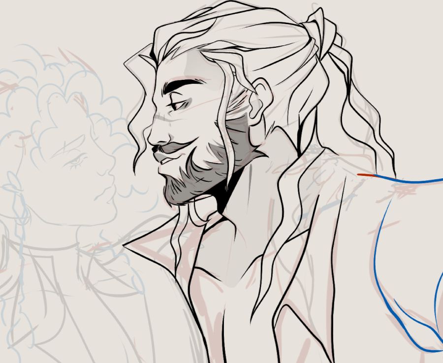 (doodle/work in progress from a page of RP / D&D doodles I'm working on v<v) On the right is Grey O'Hare, just a regular human man with a beard, ponytail looking a bit between smug and lovingly soft towards the character on the left - a very rough sketch of our fave green tiefling Beloved