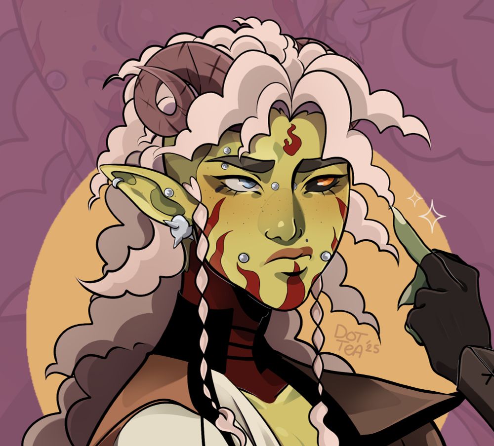 Portrait of Beloved, a green tiefling warlock. He is pouting and flipping off Grey O'Hare, who is not featured in this piece. Purple background with an overlay of Beloved's face (with lowered opacity) 