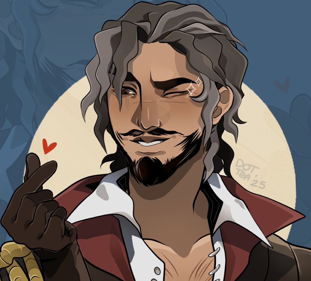Portrait of Grey O'Hare, a human swashbuckling rogue who is obsessed with our Beloved tiefling warlock. He is winking and doing a lil' heart symbol with one hand. Blue background with an overlay of Grey's face (lower opacity) 