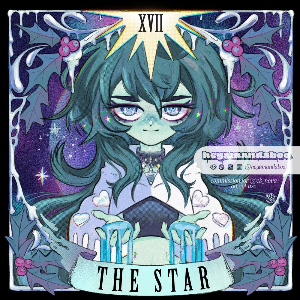 christmas themed profile picture art of the vtuber E.B. Nova. It is a depiction of the tarot card "the star", adorned with holly berries and snow.
At the center of the image, E.B. Nova has a relaxed but confident expression. She is positioned under a star and holding out her hands with sparkly water flowing from her palms. 
Behind Nova is the moon in a purple night sky. 
The entire piece is adorned with sparkles and the entire piece has a chromatic aberation effect.