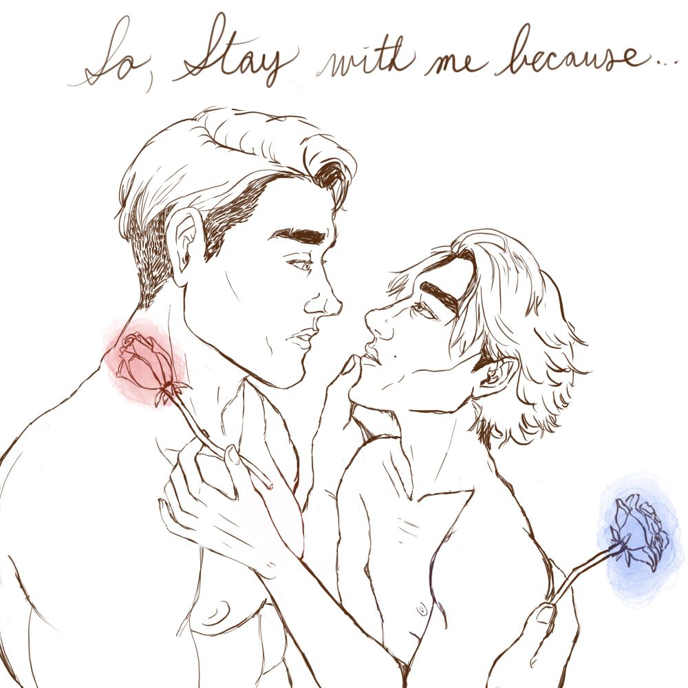 Jayce and Viktor lovingly staring into another’s eyes while naked and holding a rose for the other. Jayce gives Viktor a blue rose, Viktor gives Jayce a red rose.